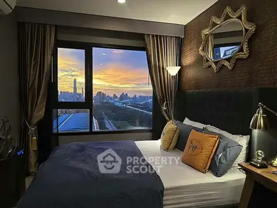 Luxurious bedroom with stunning city view at sunset, featuring elegant decor and plush bedding.