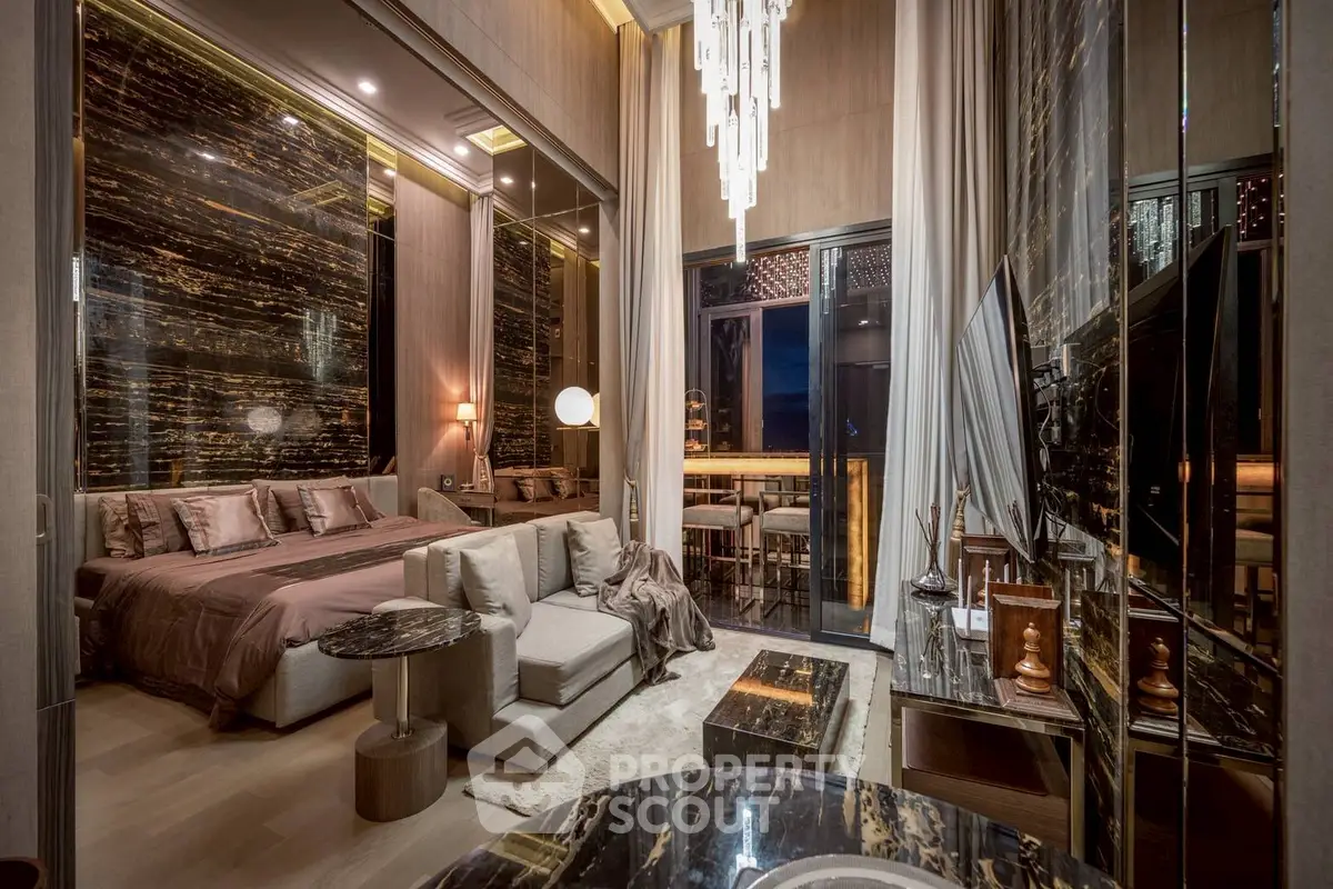 Luxurious modern bedroom with elegant decor and stunning balcony view