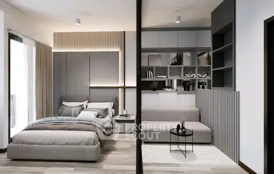 Modern bedroom with stylish decor and cozy living area, featuring sleek furniture and elegant design.