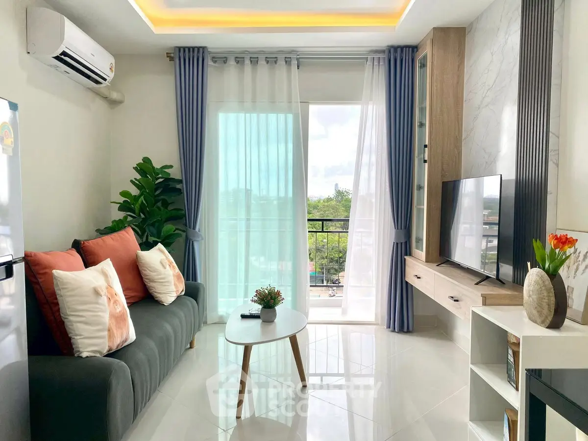 Modern living room with stylish decor and large window view