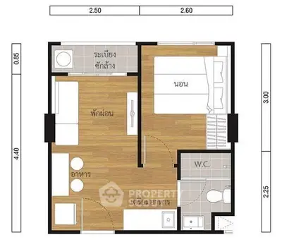 Compact apartment floor plan with bedroom, living area, kitchen, and bathroom layout.
