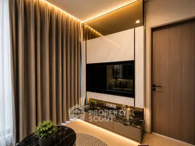 Luxurious modern living room with elegant decor and ambient lighting