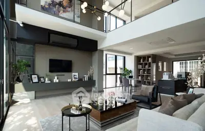 Luxurious modern living room with high ceilings and elegant decor