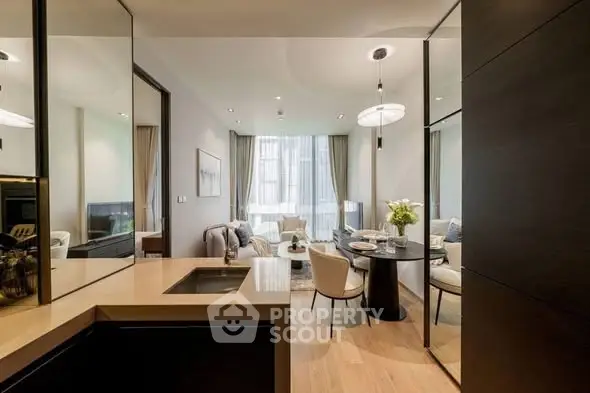 Modern open-layout living room with elegant dining area and natural light