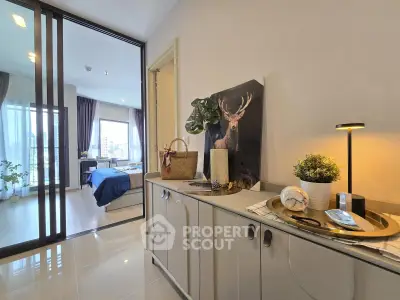 Modern apartment interior with stylish decor and spacious bedroom view