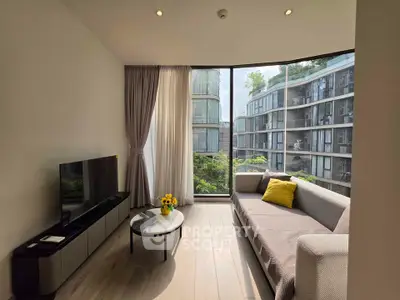 Modern living room with large windows and stylish decor in urban apartment