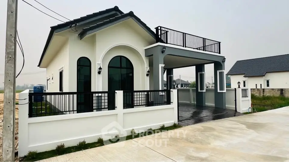 Modern single-story house with stylish architecture and spacious driveway in a serene neighborhood.