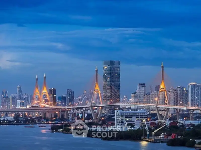 Stunning cityscape view featuring iconic bridge and skyline at dusk, perfect for urban living enthusiasts.