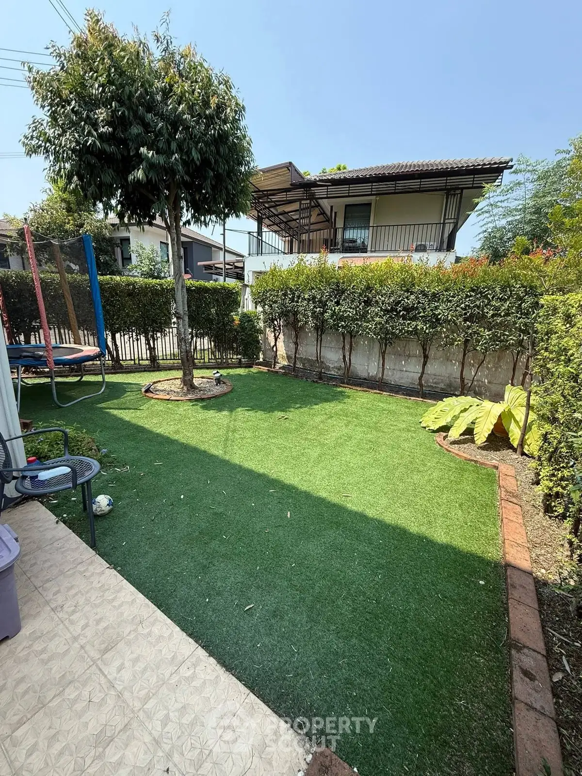 Charming backyard garden with lush greenery and a cozy seating area, perfect for relaxation and outdoor activities.