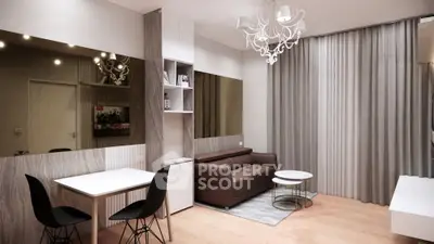 Modern living room with elegant chandelier and stylish furniture