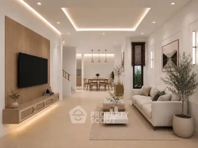 Spacious modern living room with elegant decor and open dining area, featuring ambient lighting and stylish furniture.