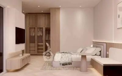 Modern bedroom with stylish decor and built-in wardrobe