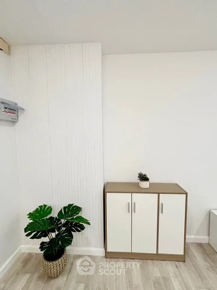 Minimalist interior with wooden cabinet and potted plant on light wood flooring.