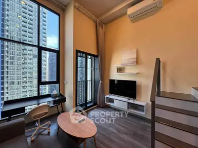 Modern loft-style living room with high ceilings and city view