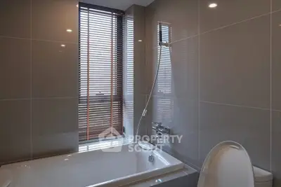 Modern bathroom with sleek design and bathtub under natural light
