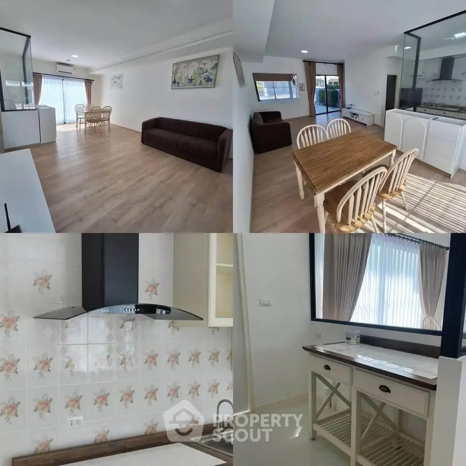 Spacious living and dining area with modern kitchen in a bright, airy apartment.