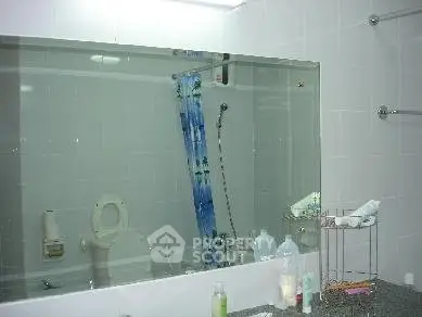 Modern bathroom with large mirror and shower curtain