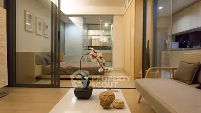 Modern apartment interior with open layout connecting living room and bedroom