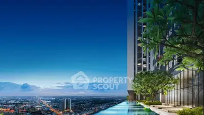 Luxurious rooftop infinity pool with stunning city skyline view at twilight.