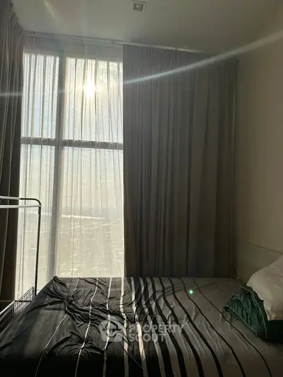 Cozy bedroom with sunlight streaming through large window and elegant curtains.