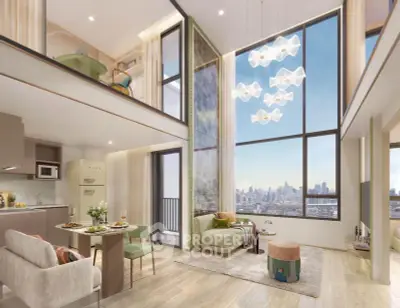 Luxurious modern living room with high ceilings and stunning city view, featuring elegant decor and open kitchen layout.