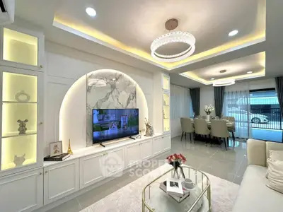 Luxurious modern living room with elegant dining area and stylish lighting