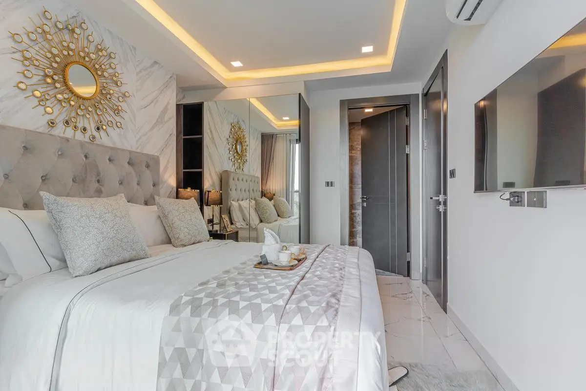 Luxurious modern bedroom with elegant decor and ambient lighting