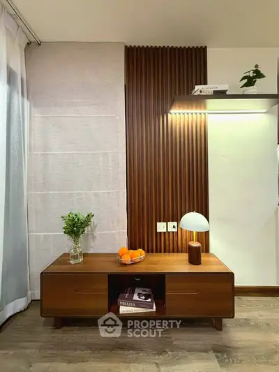 Stylish living room with modern wooden furniture and elegant decor