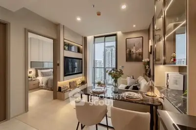 Luxurious modern living room with open kitchen and city view, perfect for urban living.