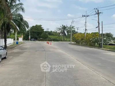 Spacious suburban street with lush greenery and palm trees, ideal for peaceful living.