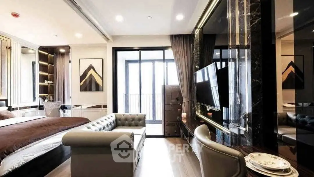 Luxurious modern living room with elegant decor and balcony view