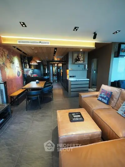 Luxurious modern living room with leather sofa and stylish decor