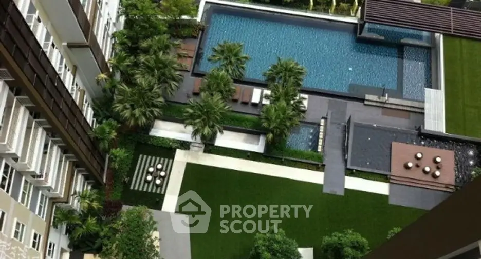Luxurious aerial view of modern apartment pool and lush garden area.
