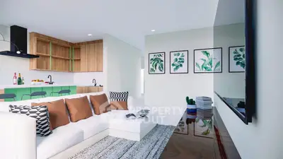 Modern living room with stylish decor and open kitchen layout