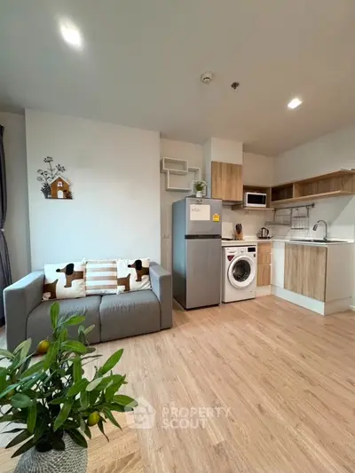 Modern open-plan living room with kitchen, featuring stylish decor and appliances, perfect for urban living.