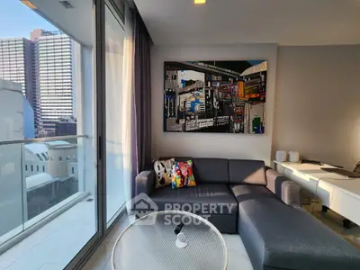 Modern living room with large window and stylish decor in urban apartment