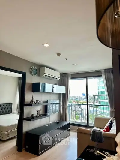 Modern living room with balcony and city view in stylish apartment