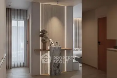 Elegant modern interior with stylish decor and ambient lighting in a cozy living space.