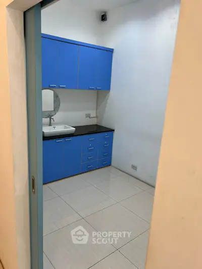 Compact storage room with blue cabinets and sink, ideal for efficient organization.
