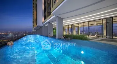 Luxurious high-rise building with stunning infinity pool and city skyline view.