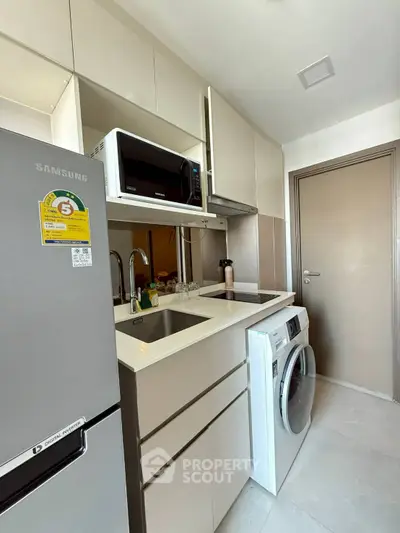 Modern compact kitchen with sleek appliances and efficient layout