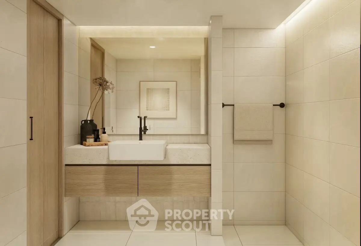 Elegant modern bathroom with minimalist design and warm lighting