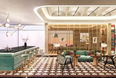 Luxurious modern living room with stylish bar and panoramic city view
