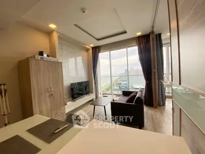 Modern living room with stunning city view and stylish decor