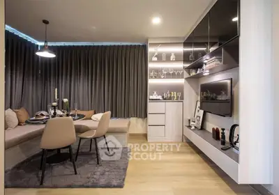 Modern living room with stylish decor and built-in shelving