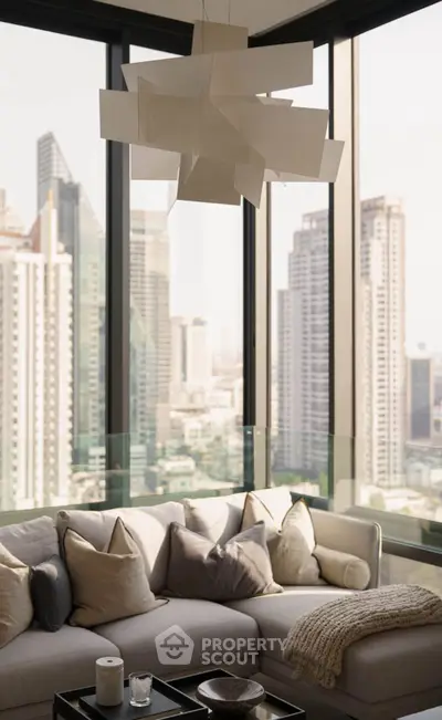 Luxurious living room with panoramic city view and modern decor
