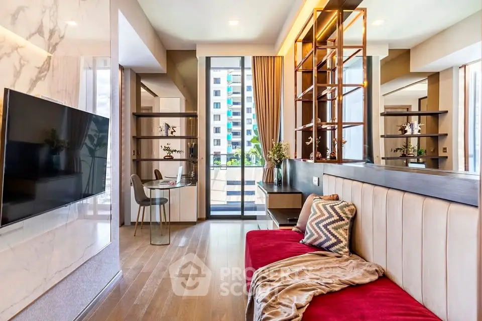 Luxurious modern living room with elegant decor and large windows offering stunning city views.