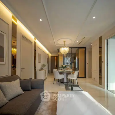Luxurious living room with elegant dining area and modern lighting