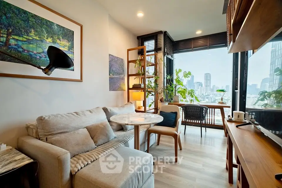 Chic living room with city view, cozy seating, and stylish decor in modern apartment.