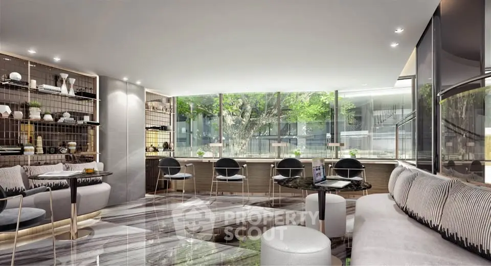 Luxurious modern living room with floor-to-ceiling windows and elegant decor